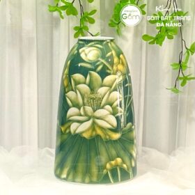 Bình hoa dáng chuông Bát Tràng xanh lá vẽ sen 3D BT-BH60