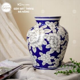 Bình hoa men lam Bát Tràng vẽ hoa dáng giỏ cua BT-BH48