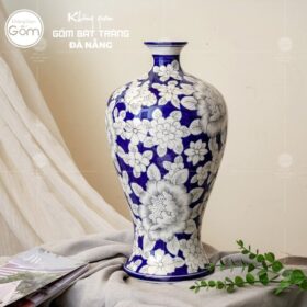 Bình hoa men lam Bát Tràng vẽ hoa dáng mai bình BT-BH50