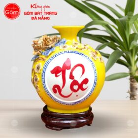 Bình hút lộc họa tiết chữ lộc hoa anh đào đắp nổi màu vàng BT-HL54