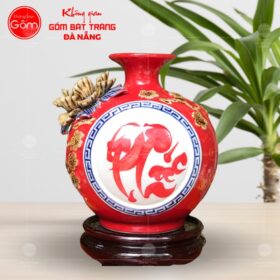 Bình hút lộc họa tiết chữ phúc hoa anh đào đắp nổi màu đỏ BT-HL51