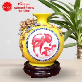 Bình hút lộc họa tiết chữ phúc hoa anh đào đắp nổi màu vàng BT-HL55