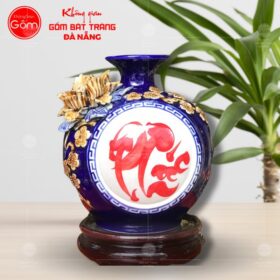 Bình hút lộc họa tiết chữ phúc hoa anh đào đắp nổi màu xanh dương BT-HL57