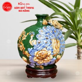 Bình hút lộc họa tiết công đào đắp nổi màu xanh lá  BT-HL49