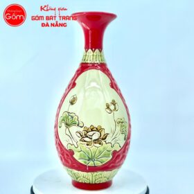 Bình tỳ bà Bát Tràng khắc nổi họa tiết hoa sen màu đỏ BT-BTB04