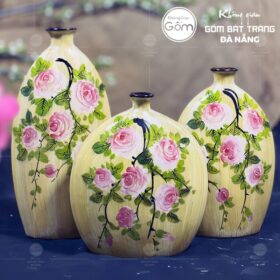 Bộ bình hoa gốm sứ decor hoạ tiết hoa hồng vẽ tay BT-BH38