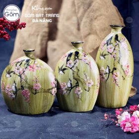Bộ bình hoa gốm sứ decor hoạ tiết hoa đào vẽ tay BT-BH42