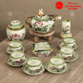Bộ ấm chén màu ngà dáng mục đồng chăn trâu họa tiết Sen Đỏ BT-BAT33