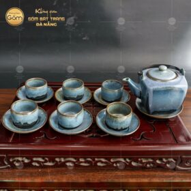 Bộ ấm chén Bát Tràng dáng vuông men hoả biến xanh dương BT-BAT08