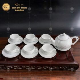 Bộ ấm chén Bát Tràng dáng tròn men rạn trắng BT-BAT13