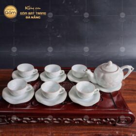 Bộ ấm chén Bát Tràng dáng tròn men rạn trắng viền BT-BAT17
