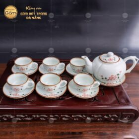 Bộ ấm chén Bát Tràng dáng tròn vẽ hoa đào hồng BT-BAT16