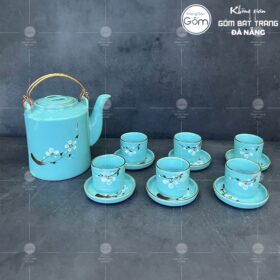 Bộ ấm tích quai đồng họa tiết hoa đào trắng nền xanh BT-BAT23
