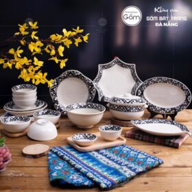 Bộ bát đĩa sứ trắng viền hoa băng đào trầm 17 món BT-BBD20