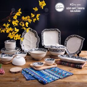 Bộ bát đĩa sứ trắng viền hoa băng đào trầm 17 món BT-BBD22