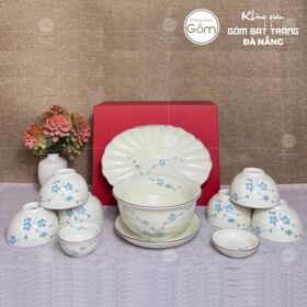 Bộ bát đĩa hoạ tiết đào xanh sứ trắng 11 món BT-BBD33