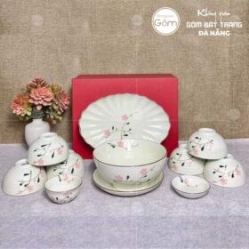 Bộ bát đĩa hoạ tiết hoa đào hồng men kem 11 món BT-BBD38