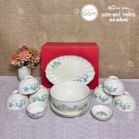 Bộ bát đĩa hoạ tiết hoa sen xanh dương men kem 11 món BT-BBD41