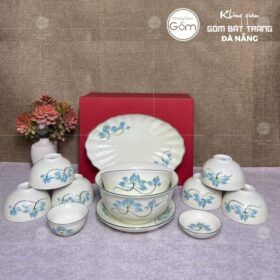 Bộ bát đĩa hoạ tiết hoa sen xanh dương men kem 12 món BT-BBD42