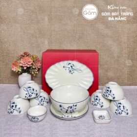 Bộ bát đĩa hoạ tiết hoa sen xanh tím men kem 11 món BT-BBD39