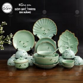 Bộ bát đĩa men xanh ngọc viền nâu vẽ hoa đào trắng 18 món BT-BBD60