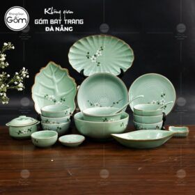 Bộ bát đĩa men xanh ngọc viền nâu vẽ hoa đào trắng 19 món BT-BBD61