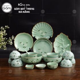 Bộ bát đĩa men xanh ngọc viền nâu vẽ hoa đào trắng 22 món BT-BBD62