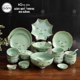 Bộ bát đĩa men xanh ngọc viền nâu vẽ hoa đào trắng 22 món BT-BBD63