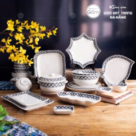 Bộ bát đĩa sứ trắng viền kẻ sọc đen trắng hoa chanh 24 món BT-BBD24