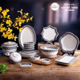 Bộ bát đĩa sứ trắng viền kẻ sọc đen trắng hoa chanh 22 món BT-BBD25