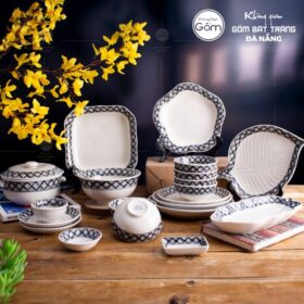 Bộ bát đĩa sứ trắng viền kẻ sọc đen trắng hoa chanh 20 món BT-BBD26