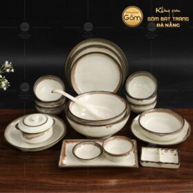 Bộ bát đĩa men kem hoạ tiết kẻ chỉ viền 20 món BT-BBD02