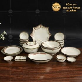 Bộ bát đĩa men kem hoạ tiết kẻ chỉ viền 21 món BT-BBD03