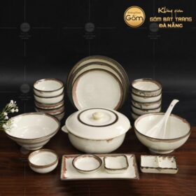 Bộ bát đĩa men kem hoạ tiết kẻ chỉ viền 22 món BT-BBD05