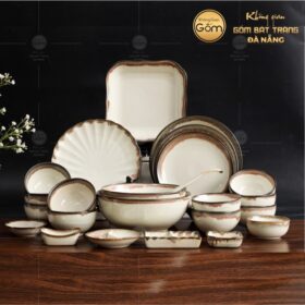 Bộ bát đĩa men kem hoạ tiết kẻ chỉ viền 24 món BT-BBD06
