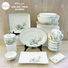 Bộ bát đĩa Bát Tràng men kem vẽ sen bóng 15 món BT-BBD43