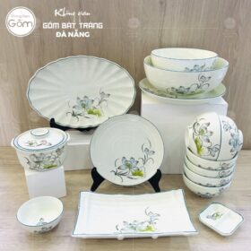 Bộ bát đĩa Bát Tràng men kem vẽ sen bóng 15 món BT-BBD44