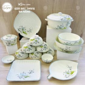 Bộ bát đĩa Bát Tràng men kem vẽ sen bóng 16 món BT-BBD47