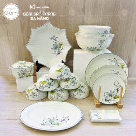 Bộ bát đĩa Bát Tràng men kem vẽ sen bóng 16 món BT-BBD48