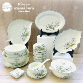 Bộ bát đĩa Bát Tràng men kem vẽ sen bóng 17 món BT-BBD50
