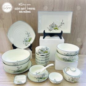 Bộ bát đĩa Bát Tràng men kem vẽ sen bóng 19 món BT-BBD54