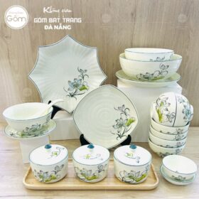 Bộ bát đĩa Bát Tràng men kem vẽ sen bóng 19 món BT-BBD53