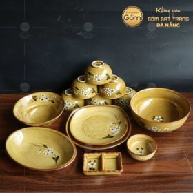 Bộ bát đĩa men nâu vẽ đào trắng 13 món BT-BBD08