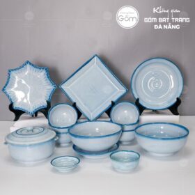 Bộ bát đĩa men xanh nhạt viền xanh đậm hoả biến 15 món BT-BBD18