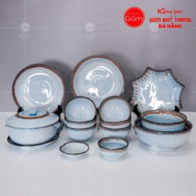 Bộ bát đĩa men xanh nhạt viền nâu hoả biến 15 món BT-BBD10
