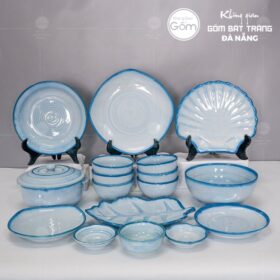 Bộ bát đĩa men xanh nhạt viền xanh đậm hoả biến 17 món BT-BBD19