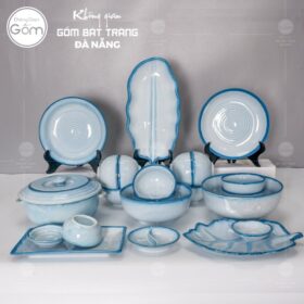Bộ bát đĩa men xanh nhạt viền xanh đậm hoả biến 22 món BT-BBD56