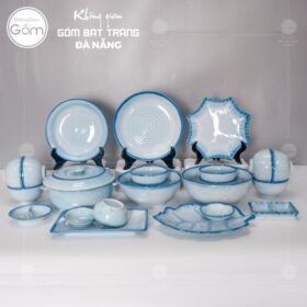 Bộ bát đĩa men xanh nhạt viền xanh đậm hoả biến 23 món BT-BBD57