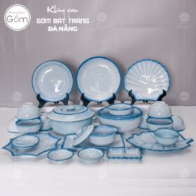 Bộ bát đĩa men xanh nhạt viền xanh đậm hoả biến 25 món BT-BBD58