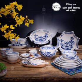 Bộ bát đĩa hoạ tiết sen xanh men lam 25  món BT-BBD32